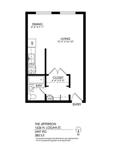 A floor plan for a basement apartment with a dining area, living room, bathroom, and closet.